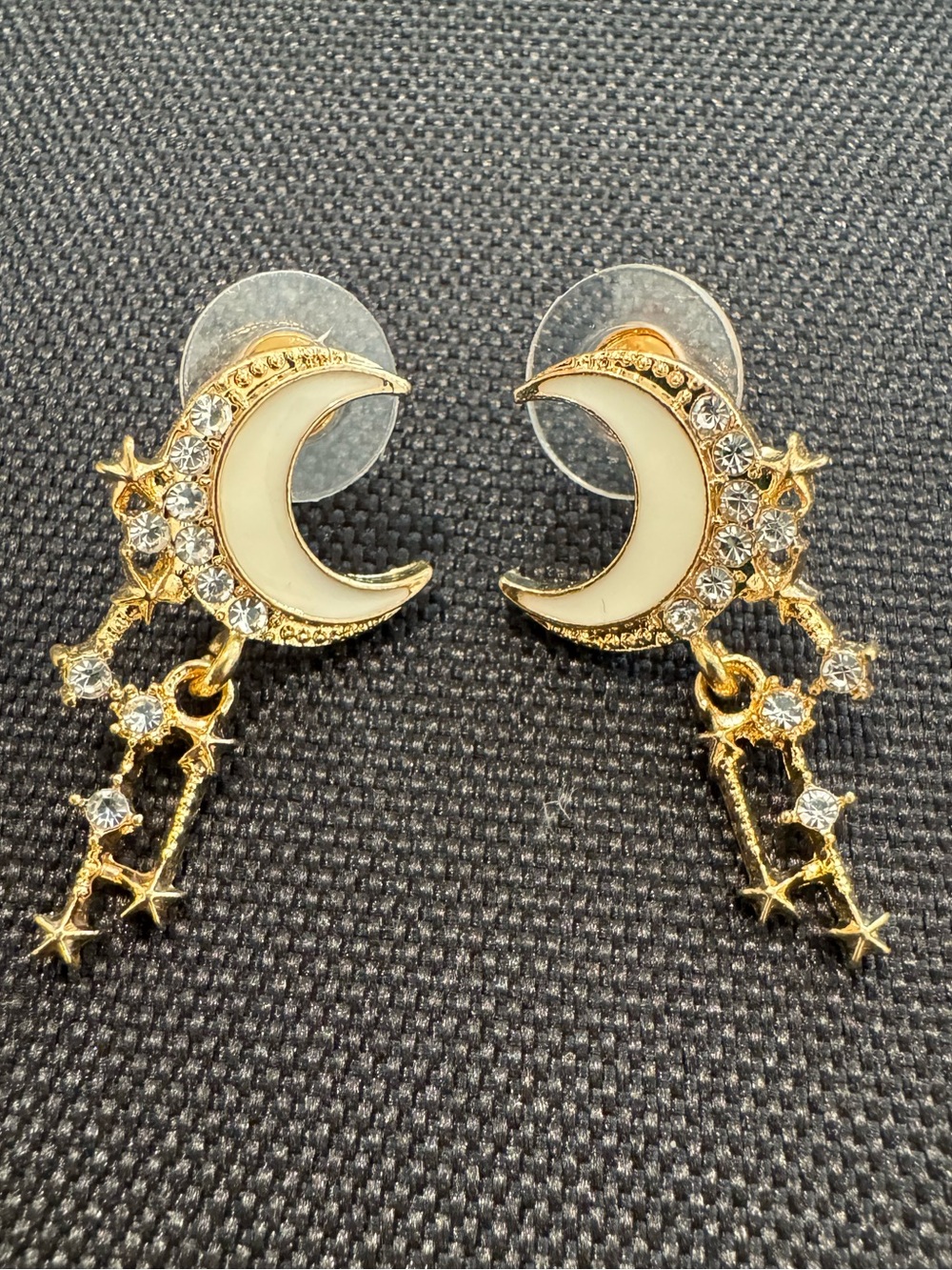 Celestial Crescent Moon Star Tassel Rhinestone Gold Earrings NWOT